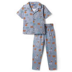 Pine Kids Cotton Knit Half Sleeves Shirt & Pajama Set With Football Print - Light Grey