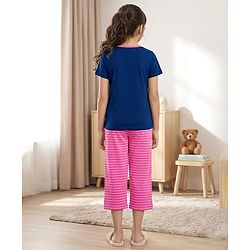 Pine Kids Cotton Knit Half Sleeves Top & Capri Night Suit With Wow Girl Club Print - Navy Blue