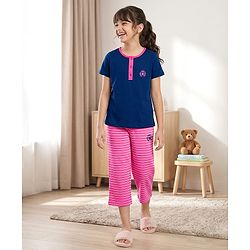 Pine Kids Cotton Knit Half Sleeves Top & Capri Night Suit With Wow Girl Club Print - Navy Blue