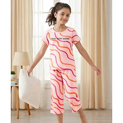 Pine Kids Cotton Knit Half Sleeves T-Shirt & Capri Night Suit With Make Today Awesome Print - Pink
