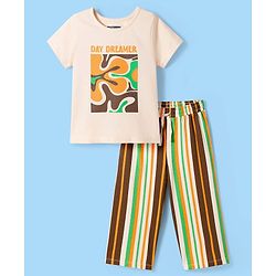 Pine Kids Cotton Knit Half Sleeves Top & Capri Night Suit With Floral Print - Yellow