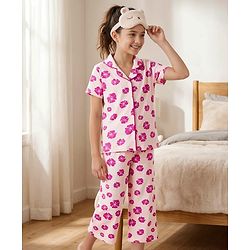 Pine Kids Cotton Knit Half Sleeves Shirt & Pajama Co-ords Capri Night Suit With Floral Print - Pink