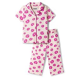 Pine Kids Cotton Knit Half Sleeves Shirt & Pajama Co-ords Capri Night Suit With Floral Print - Pink