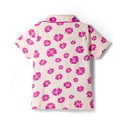 Pine Kids Cotton Knit Half Sleeves Shirt & Pajama Co-ords Capri Night Suit With Floral Print - Pink