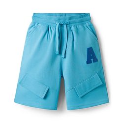 Pine Kids Looper Knit Knee Length Solid Colour Shorts with Alphabet Badge - Aqua Blue