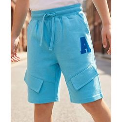 Pine Kids Looper Knit Knee Length Solid Colour Shorts with Alphabet Badge - Aqua Blue
