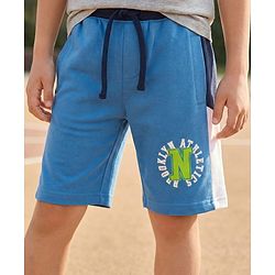 Pine Kids Looper Knit Knee Length Solid Colour Shorts with Text Print - Light Blue
