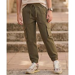 Pine Kids Cotton Elastane Woven Full Length Solid Trouser - Olive Green