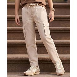 Pine Kids Cotton Elastane Woven Full Length Solid Color Trouser - Beige