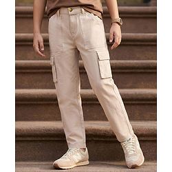 Pine Kids Cotton Elastane Woven Full Length Solid Color Trouser - Beige
