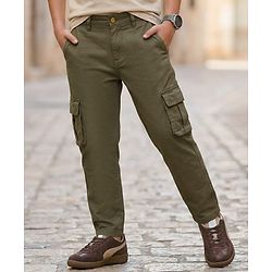 Pine Kids Cotton Elastane Woven Full Length Solid Color Trouser with Pocket - Olive Green