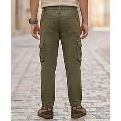 Pine Kids Cotton Elastane Woven Full Length Solid Color Trouser with Pocket - Olive Green