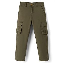 Pine Kids Cotton Elastane Woven Full Length Solid Color Trouser with Pocket - Olive Green