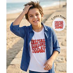 Pine Kids Cotton Woven Half Sleeves Checkered Shirt with Text Printed T-Shirt - Navy Blue