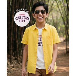 Pine Kids 7-8Y Male Yellow 100% Cotton Woven Half Sleeves Solid Shirt & Sleeveless Tank T-Shirt with Text Print