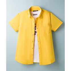 Pine Kids 7-8Y Male Yellow 100% Cotton Woven Half Sleeves Solid Shirt & Sleeveless Tank T-Shirt with Text Print