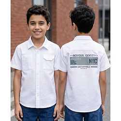 Pine Kids Cotton Woven Half Sleeves Text Printed Shirt - White