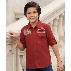 Pine Kids Cotton Woven Full Sleeves Shirt With Text Print - Rust