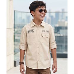 Pine Kids Cotton Woven Full Sleeves Shirt With New York Print - Beige
