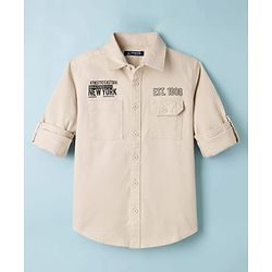 Pine Kids Cotton Woven Full Sleeves Shirt With New York Print - Beige
