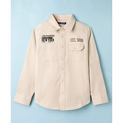 Pine Kids Cotton Woven Full Sleeves Shirt With New York Print - Beige