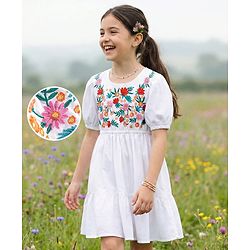 Pine Kids 100% Cotton Woven Half Sleeves Floral Embroidered Frock - White