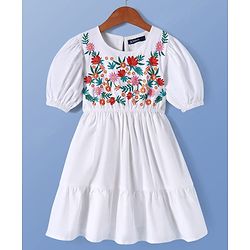 Pine Kids 100% Cotton Woven Half Sleeves Floral Embroidered Frock - White