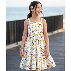 Pine Kids Cotton Knit Sleeveless Tiered Frock with Floral Print - Multicolor