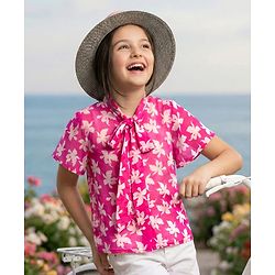 Pine Kids Woven Half Frill Sleeves Floral Printed Top With Inner Tee - Pink