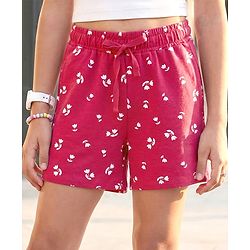 Pine Kids Looper Knit Above Knee Length Floral Printed Shorts - Dark Pink