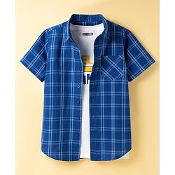 Pine Kids Viscose Woven Half Sleeves Checkered Shirt with Inner Tee - Blue