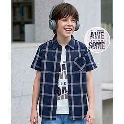 Pine Kids 100% Cotton Woven Half Sleeves Checked Shirt & T-Shirt With Text Print - Navy Blue