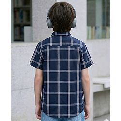 Pine Kids 100% Cotton Woven Half Sleeves Checked Shirt & T-Shirt With Text Print - Navy Blue