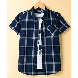 Pine Kids 100% Cotton Woven Half Sleeves Checked Shirt & T-Shirt With Text Print - Navy Blue