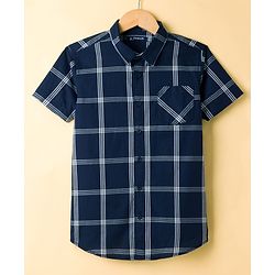 Pine Kids 100% Cotton Woven Half Sleeves Checked Shirt & T-Shirt With Text Print - Navy Blue