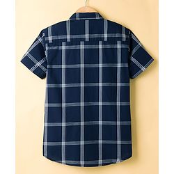 Pine Kids 100% Cotton Woven Half Sleeves Checked Shirt & T-Shirt With Text Print - Navy Blue