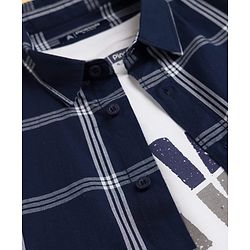 Pine Kids 100% Cotton Woven Half Sleeves Checked Shirt & T-Shirt With Text Print - Navy Blue