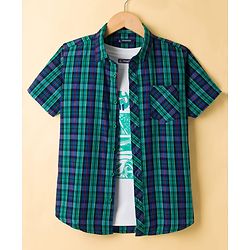 Pine Kids 100% Cotton Woven Half Sleeves Checked Shirt & T-Shirt With Vehicles Print - Multicolour