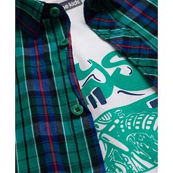 Pine Kids 100% Cotton Woven Half Sleeves Checked Shirt & T-Shirt With Vehicles Print - Multicolour