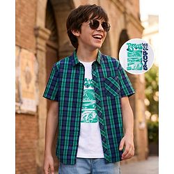 Pine Kids 100% Cotton Woven Half Sleeves Checked Shirt & T-Shirt With Vehicles Print - Multicolour