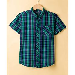 Pine Kids 100% Cotton Woven Half Sleeves Checked Shirt & T-Shirt With Vehicles Print - Multicolour
