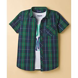 Pine Kids Cotton Woven Half Sleeves Checkered Shirt with T-Shirt - Dark Green & White