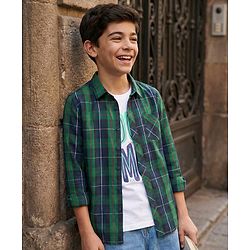 Pine Kids Cotton Woven Half Sleeves Checkered Shirt with T-Shirt - Dark Green & White