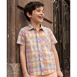 Pine Kids Cotton Woven Half Sleeves Checkered Shirt - Pink White & Yellow