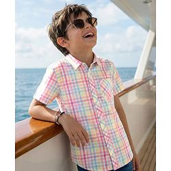 Pine Kids Cotton Woven Half Sleeves Checkered Shirt - Light Blue & Pink