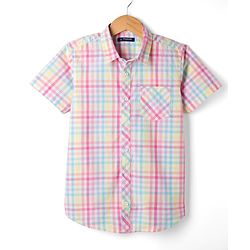 Pine Kids Cotton Woven Half Sleeves Checkered Shirt - Light Blue & Pink