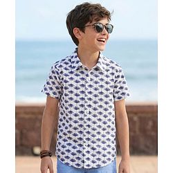 Pine Kids Cotton Woven Half Sleeves Floral Printed Shirt - White