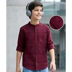 Pine Kids Cotton Woven Full Sleeves Solid Color Mandarin Collar Shirt - Maroon