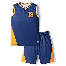 Pine Active Knit Sleeveless Athleisure T-Shirt & Shorts With 18 Number Print - Navy Blue