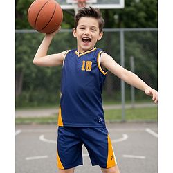 Pine Active Knit Sleeveless Athleisure T-Shirt & Shorts With 18 Number Print - Navy Blue